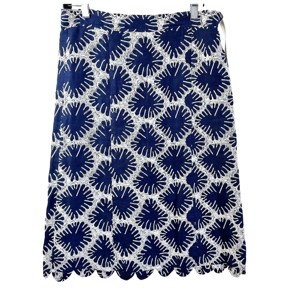 TOCCA Womens Navy Blue & White Embroidered Linen Scalloped Hem A-Line Skirt Sz 2